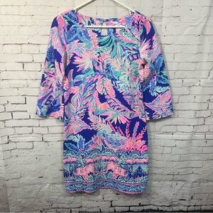 Lilly Pulitzer Bay Dress Multi Sunset Safari Sz Medium Elephant Animals  3/4 Slv
